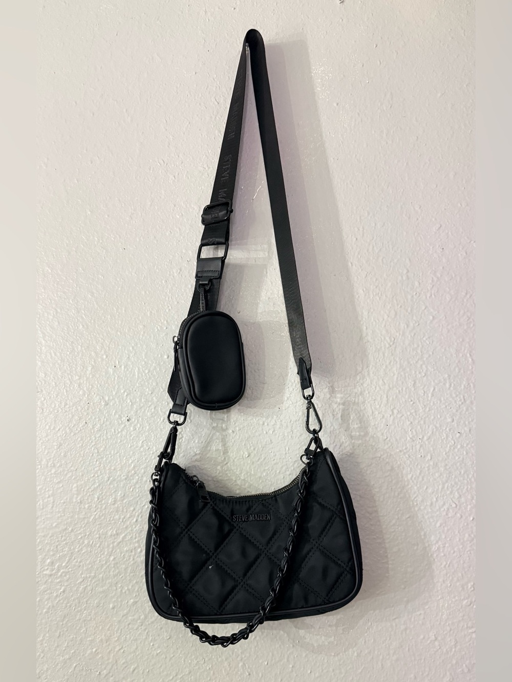 Steve Madden Black Quilted Shoulder Bag with Chain and Detachable Pouch